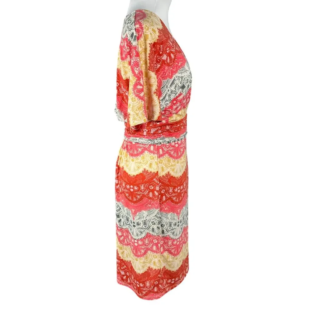 BCBG MAXAZRIA Wrap Dress Tereza Boho Art sz S Red White Yellow Medallion Print - Picture 4 of 16